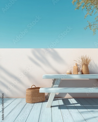 Wallpaper Mural Light blue picnic table with sunlight under tree at home terrace deck. Torontodigital.ca