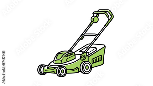 Modern green lawn mower with a grass catcher is shown from a side view, ready for garden maintenance and yard care on a white backdrop.