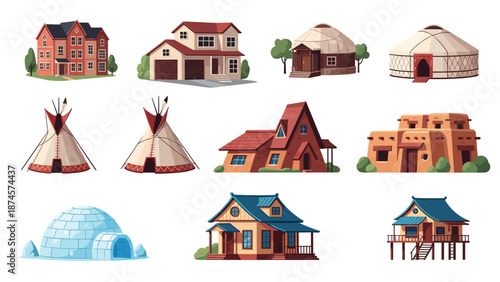 Set of diverse house types from around the world includes an igloo, a tipi, a yurt, a modern home, a cabin, and traditional dwellings.