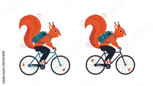 Two identical red squirrels wearing blue backpacks ride bicycles in a side-by-side comparison, showing a fun and active animal journey.