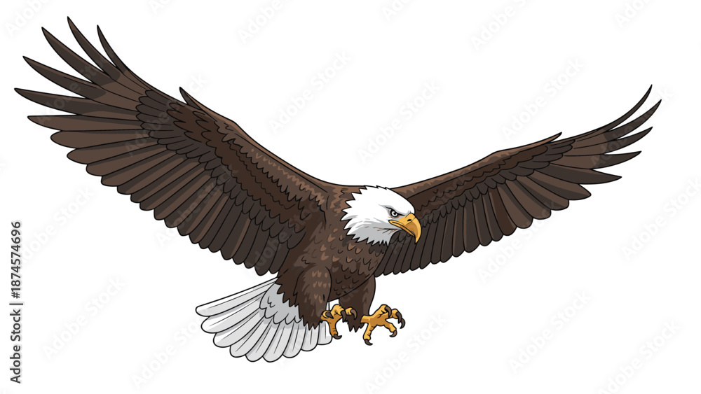 Fototapeta premium Powerful bald eagle with its wings fully spread and talons extended as it prepares for a landing is shown against a plain white background.