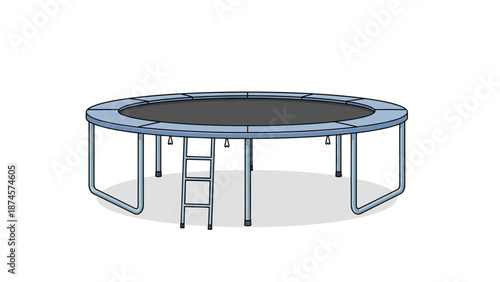 Large round recreational trampoline with blue safety padding and a small silver ladder is shown from a side angle against a white background.