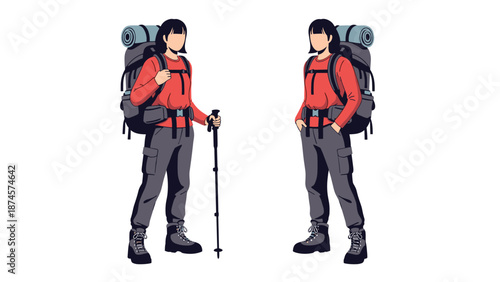 Two adventurous female hikers with large backpacks and trekking gear are illustrated in different poses against a plain white background.