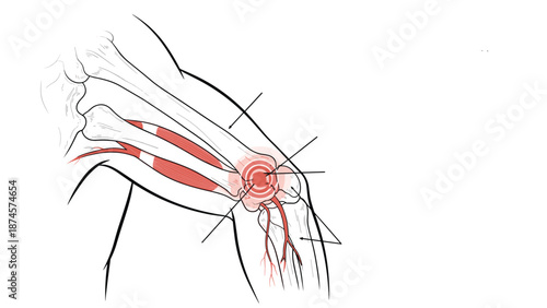 Detailed medical illustration of the human knee joint showing bones and muscles with a red area indicating pain or inflammation.