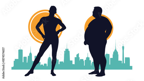 Comparison of a very thin man and an overweight man shown as silhouettes standing in front of a city skyline and stylized yellow circles.