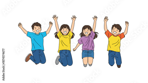 Group of four happy young children wearing colorful clothes jump high with their arms raised in celebration on a plain white background.