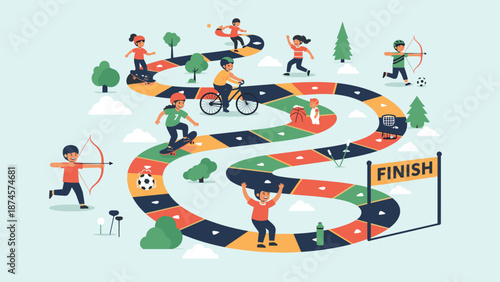 Colorful sports board game layout for children features a winding path through a park with kids practicing several different activities.
