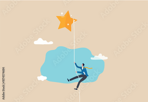 Effort to achieve goal or success, courage or risk taking to win business or career growth, reaching goal or finish mission concept, strong businessman rope climbing full effort to reach the star.
