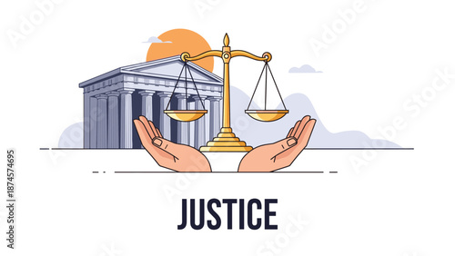 Symbolic justice poster shows a golden scale held by two hands in front of a classical courthouse building under a bright morning sun.
