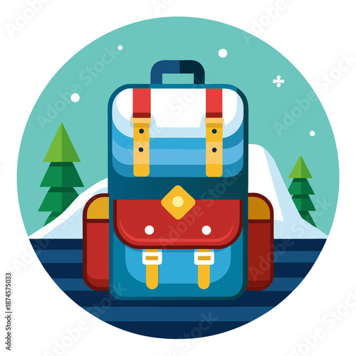 Title: A blue and red backpack with a green and white snowy landscape background in a circular frame