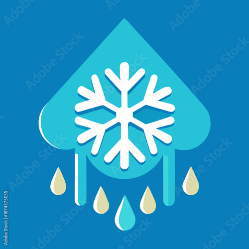 Title: A large white snowflake centered on a teal droplet shape with falling raindrops in blue