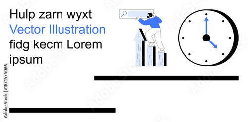 Business analytics, productivity, efficiency, time tracking, goal setting, search navigation. A person interacting with a search bar above growing bar graphs next to a clock. Business analytics