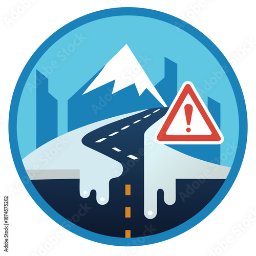 Title: Road sign warning of icy conditions with a slippery road and mountain background