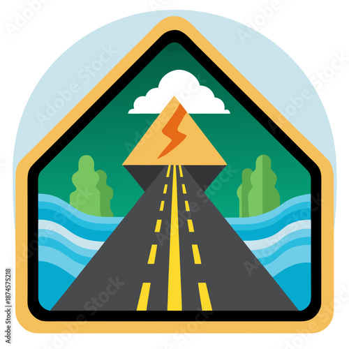 Title: Road warning sign with a yellow lightning bolt inside a triangular shape on a wet road