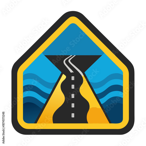 Title: Winding mountain road with sharp curves and steep slopes depicted in a road sign