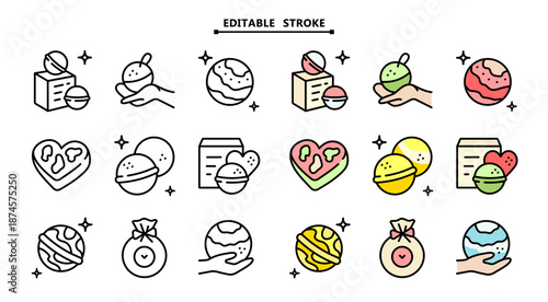 Fizzing Bath Icons: Detailed Outline Vector Collection for Aromatherapy Marketing and Wellness Subscription Boxes