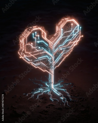 Wallpaper Mural A digital tree with circuits forming a heart on a dark, dusty landscape. Torontodigital.ca