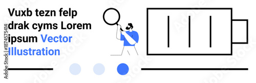 Person holding magnifier inspects, framed by sleek abstract shapes. Ideal for inspection, analysis, focus, observation, data representation, problem-solving, simple landing page