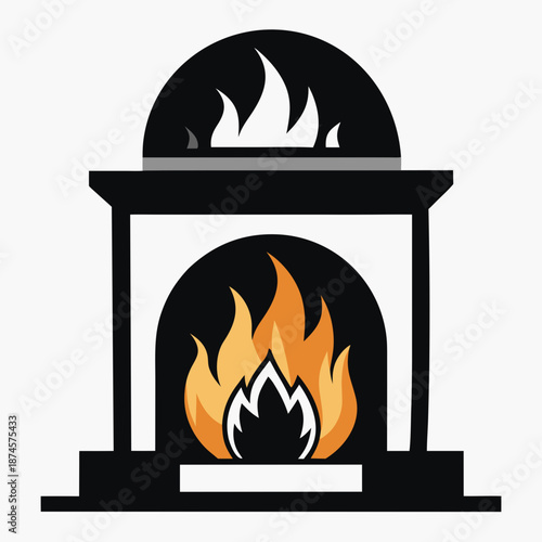 Title: A colorful of a fireplace with burning flames and a wooden mantel black