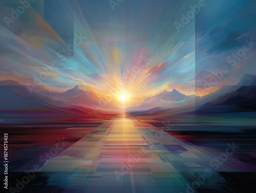Wallpaper Mural Abstract landscape with a vibrant sunset and geometric horizon path. Torontodigital.ca