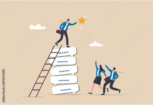 Communication for success, effective meeting or discussion to get solution and achieve target, meeting or conversation to reach goal concept, businessman climb up conversation bubble to reach star