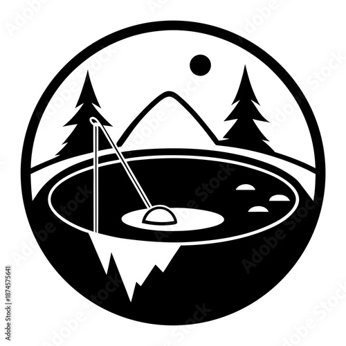 Title: A black and white of a mountain landscape with trees and a lake inside a circular frame