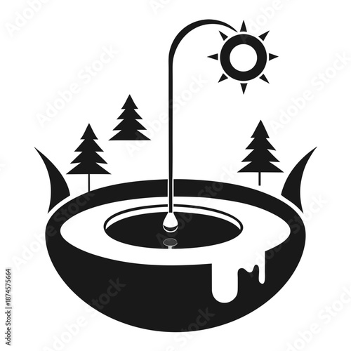Title: A black and white of a sun with rays and trees around a circular lake symbol