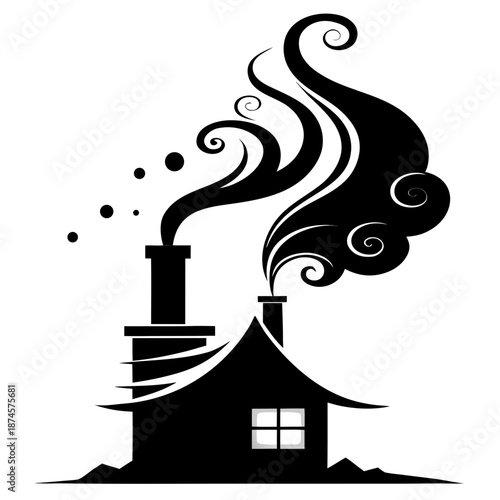 Title: A black and white of a house with smoke coming out of the chimney silhouette