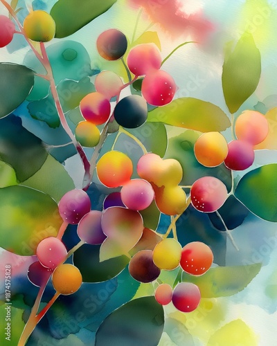 Wallpaper Mural A watercolor painting of vibrant berries and leaves against a blue background Torontodigital.ca