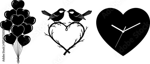 Heart balloons, love birds on heart branch, heart shaped wall clock