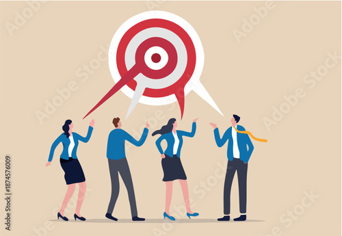 Teamwork aiming on the same target, collaboration to succeed in the same goal, partnership strategy concept, business people or business partner discussing work building circular dartboard target.