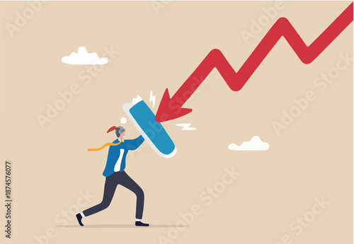 Fight with inflation or economic recession, protect wealth from crisis or bear market loss, insurance or safety for interest rate hike, businessman investor holding shield to protect from red arrow.