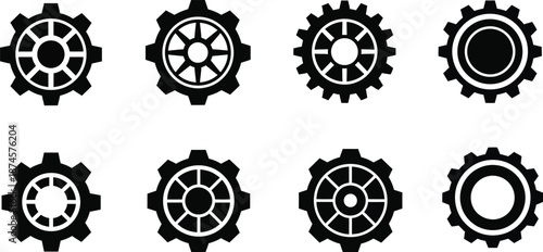 A collection of various black and white gear icons or symbols