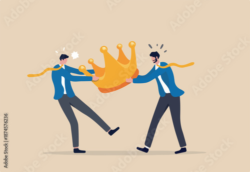 Staff conflict or employee argument, fighting for job promotion or jealousy colleague concept, angry coworker fighting by pulling golden crown metaphor of job promotion position.