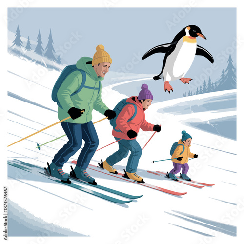 Cheerful family ski in snow mountain with flying penguin for outdoor recreation and travel winter vacation illustration