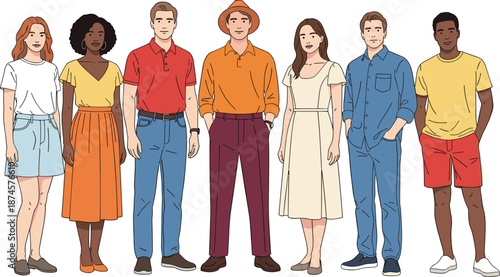 Set of diverse flat vector characters in professional business and casual outfits for corporate team lifestyle and modern office designs