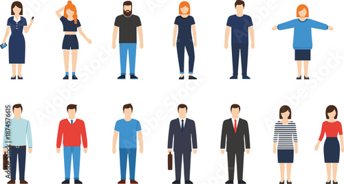 Diverse set of flat design people characters in business casual and formal outfits including professional office staff and young lifestyle adults