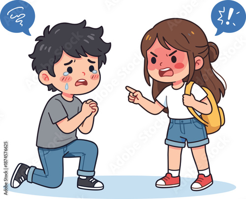 Angry school girl scolding crying boy, bullying concept, emotional conflict, childhood problem, education social issue cartoon illustration