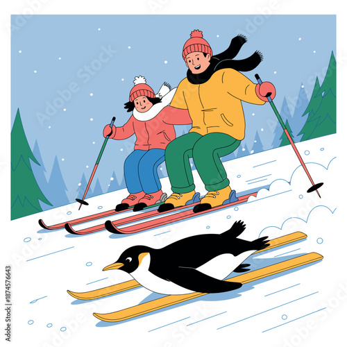 Cartoon illustration of people skiing downhill with penguin on skis during winter on snow mountain for fun travel vacation