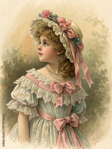 vintage child illustration, Victorian girl artwork, antique doll style, romantic floral illustration, pastel nursery art, classic children illustration, nostalgic Victorian art