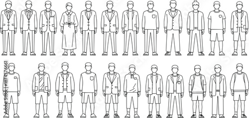 Collection of male character line art illustrations wearing various professional suits casual jackets and summer shorts in minimal outline style
