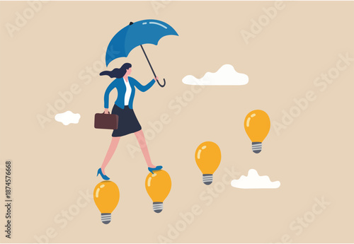 Career success with business knowledge or creativity, woman leadership or career growth and achievement concept, smart businesswoman walking on innovative light bulb idea lamp as stairway to success