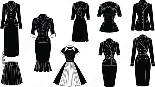 Set of young woman character illustrations in business casual outfit with various poses including running walking sitting and using a mobile phone