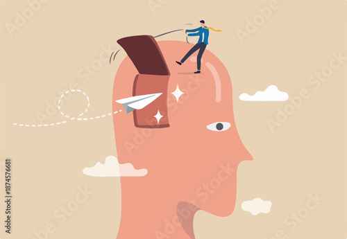 Open mind to receive new message or inspiration, free your brain to think about new idea or free your ego concept, businessman open window on human head to let origami paper airplane flying inside.