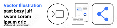 Social media, data sharing, content creation, analytics, business presentation, communication. Icons of a video, documents with data and a share symbol. Social media and data sharing concept