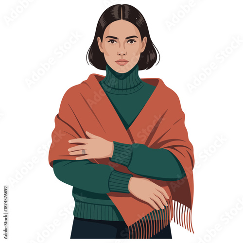 Elegant woman wearing stylish orange shawl over green turtleneck sweater isolated on white background presenting sophisticated winter fashion and cozy layering