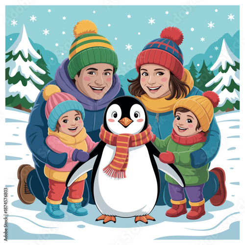 Festive family hugs with penguin dressed scarf a heartwarming christmas scene with snowy backdrop for stock illustration art prints and posters