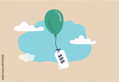 Inflation causing price rising up, overvalued stock or funds, consumer purchasing power reducing concept, air balloon tied with product price tag flying high rising up in the sky.
