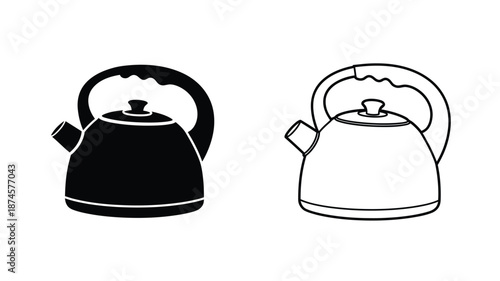 Two kettle illustrations one solid and one outlined presented as a silhouette