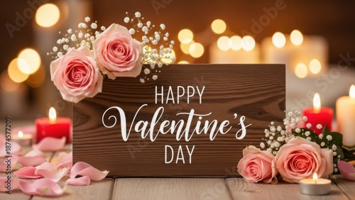 Wallpaper Mural "Happy Valentine's Day" Wooden Sign with Pink Roses, Candles, and Warm Bokeh Background Torontodigital.ca